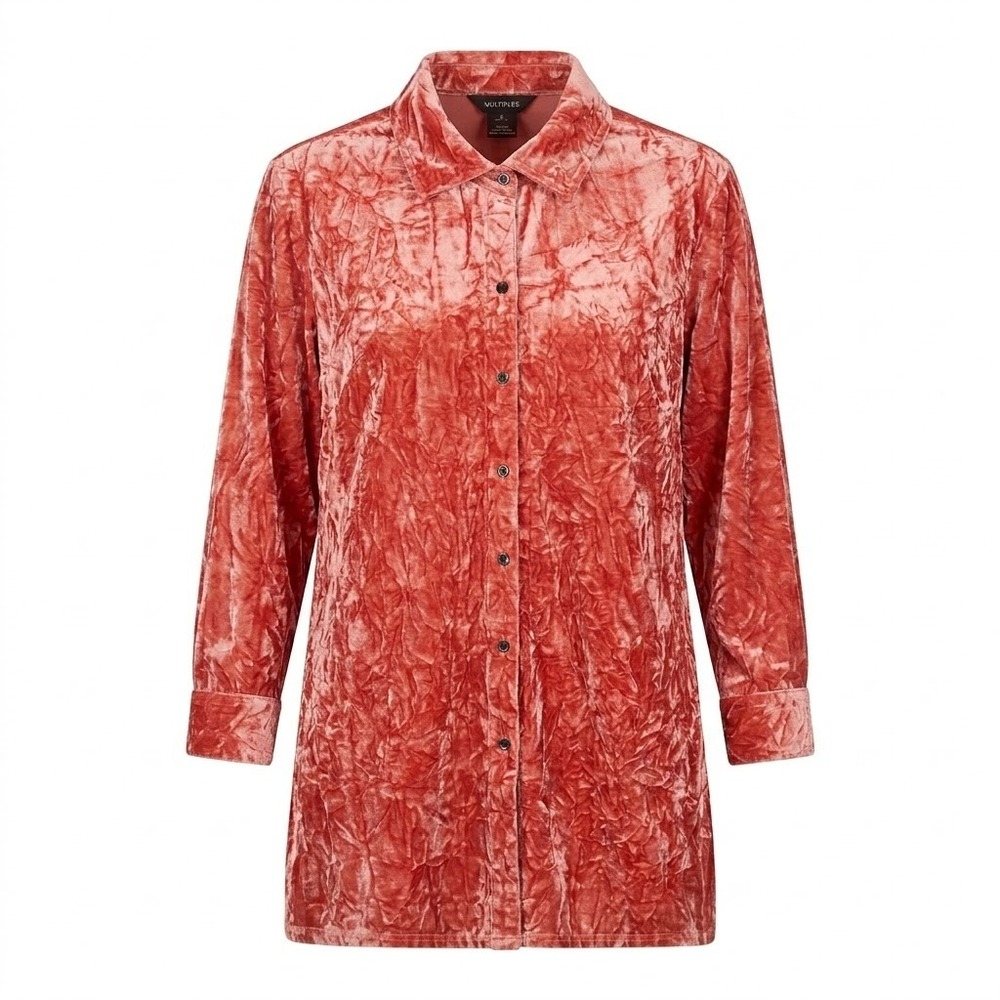 Multiples Womens SMALL Pink Crushed Velvet Button Down Tunic Shirt Lace Back